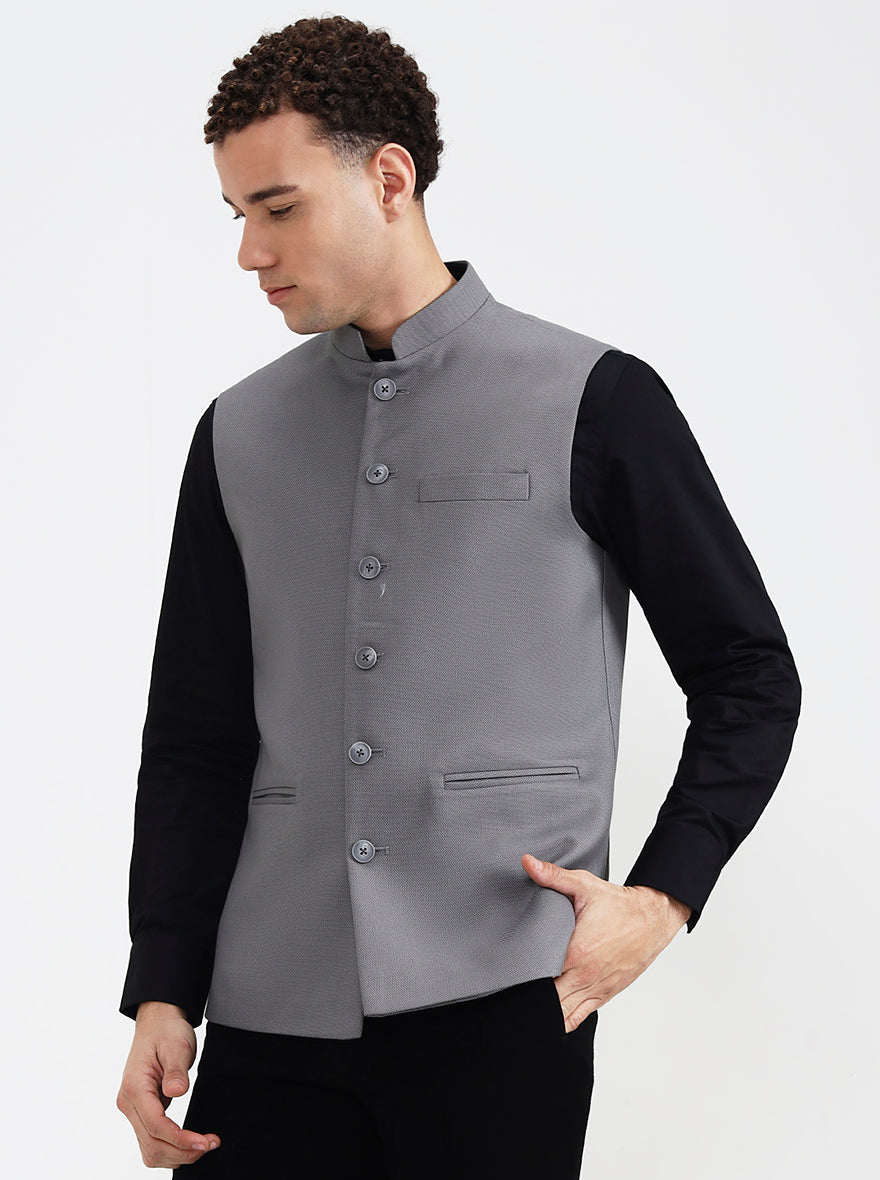Dark Grey Solid Regular Fit Waistcoat  | Greenfibre