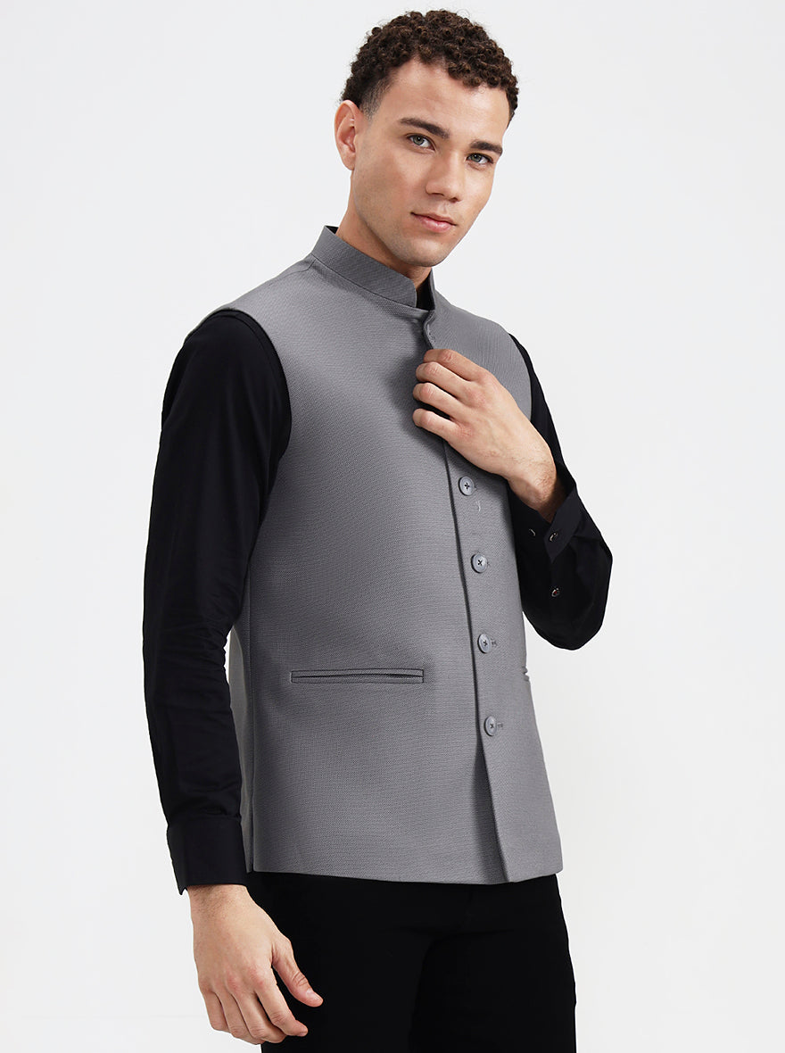 Dark Grey Solid Regular Fit Waistcoat  | Greenfibre