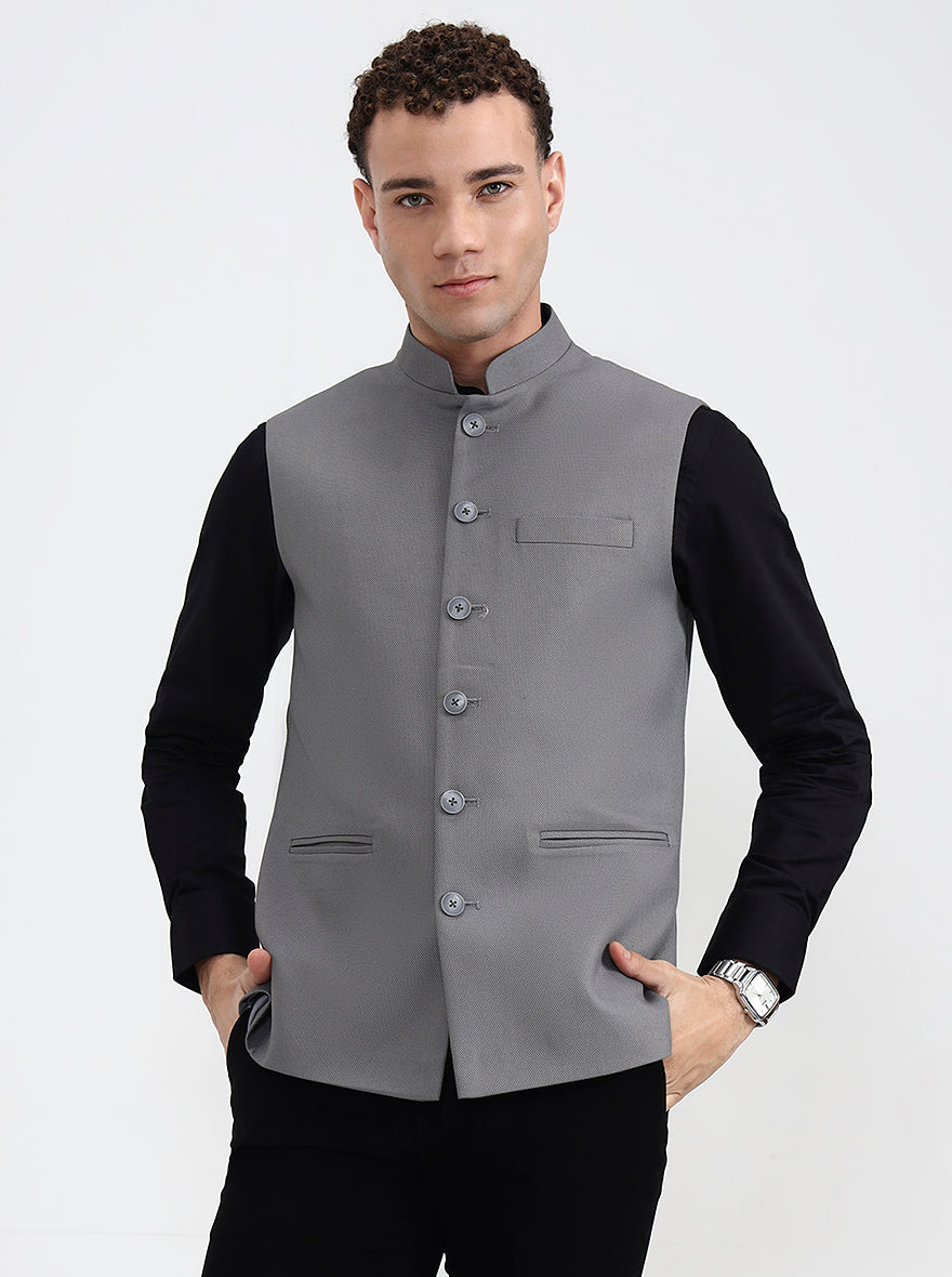 Dark Grey Solid Regular Fit Waistcoat  | Greenfibre
