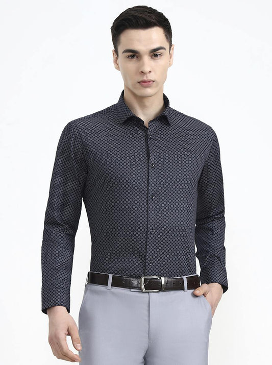 Navy Blue Printed Slim Fit Party Wear Shirt | Greenfibre