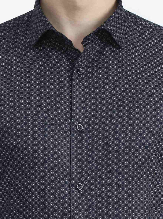 Navy Blue Printed Slim Fit Party Wear Shirt | Greenfibre