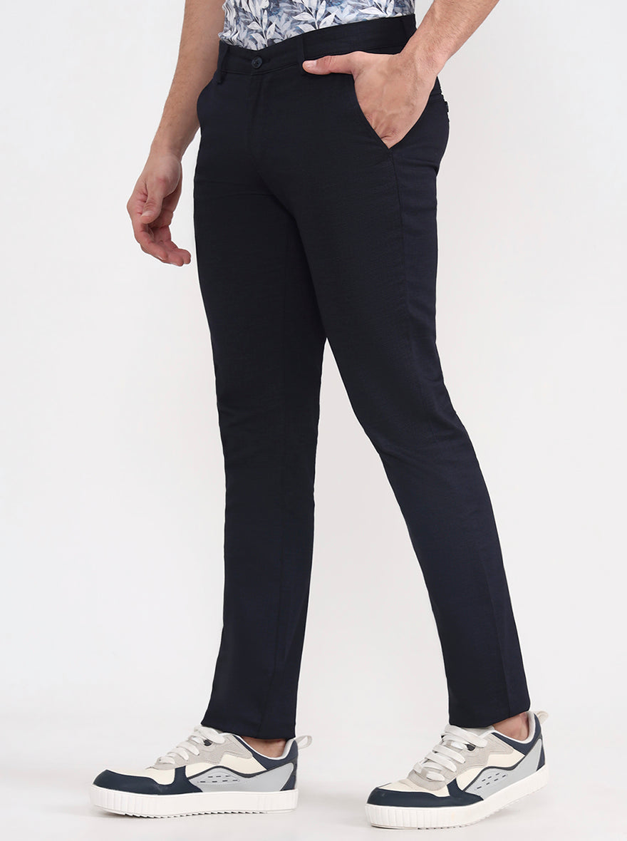 Navy Blue Solid Super Slim Fit Casual Trouser | Greenfibre