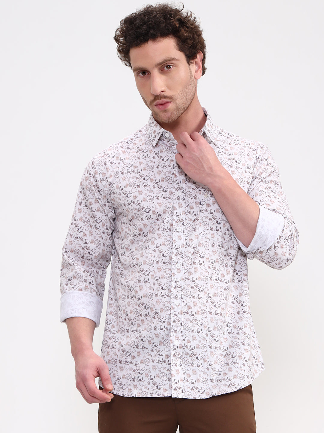 Brown & White Printed Slim Fit Casual Shirt | Greenfibre