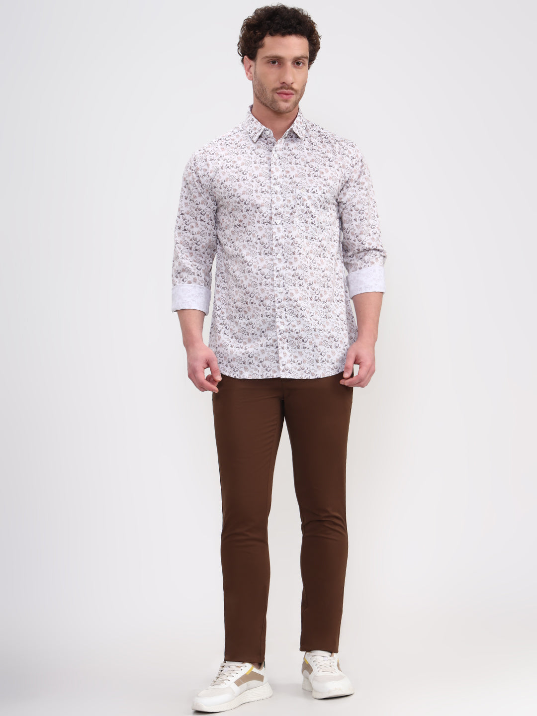 Brown & White Printed Slim Fit Casual Shirt | Greenfibre