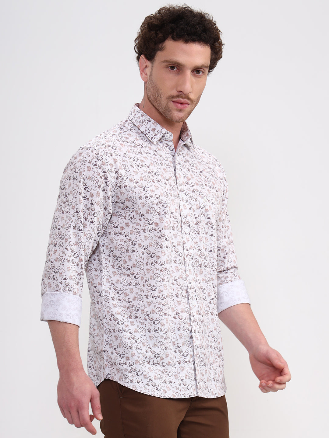 Brown & White Printed Slim Fit Casual Shirt | Greenfibre