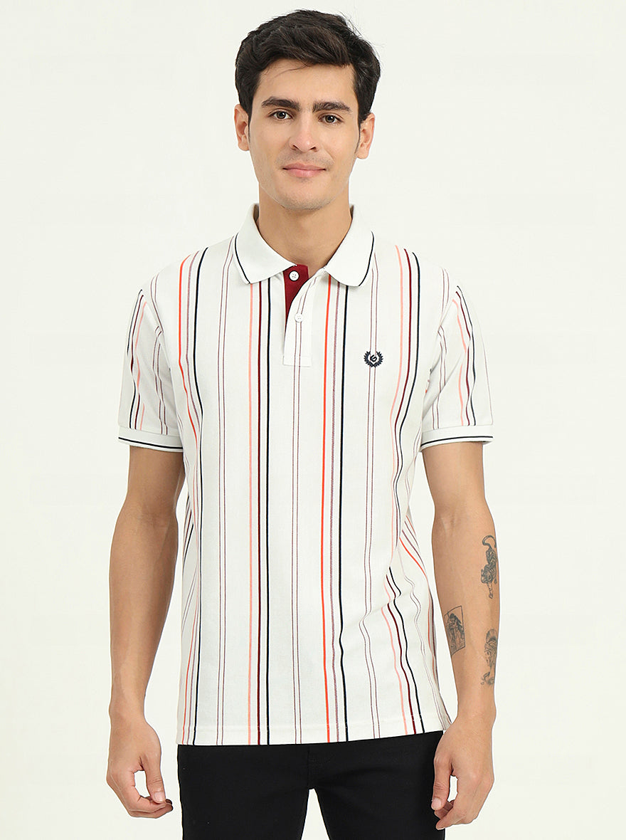 White & Orange Striped Slim Fit Polo T-Shirt | Greenfibre