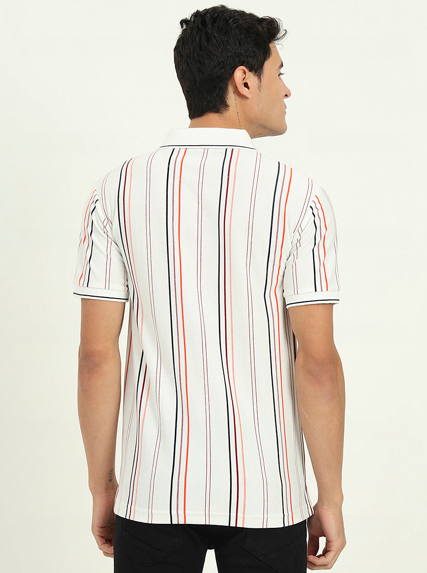 White & Orange Striped Slim Fit Polo T-Shirt | Greenfibre
