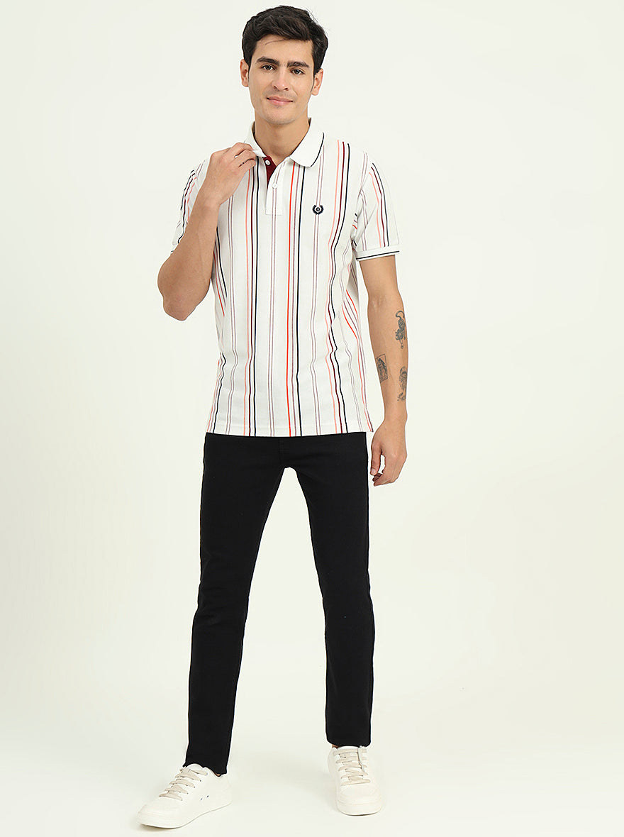 White & Orange Striped Slim Fit Polo T-Shirt | Greenfibre