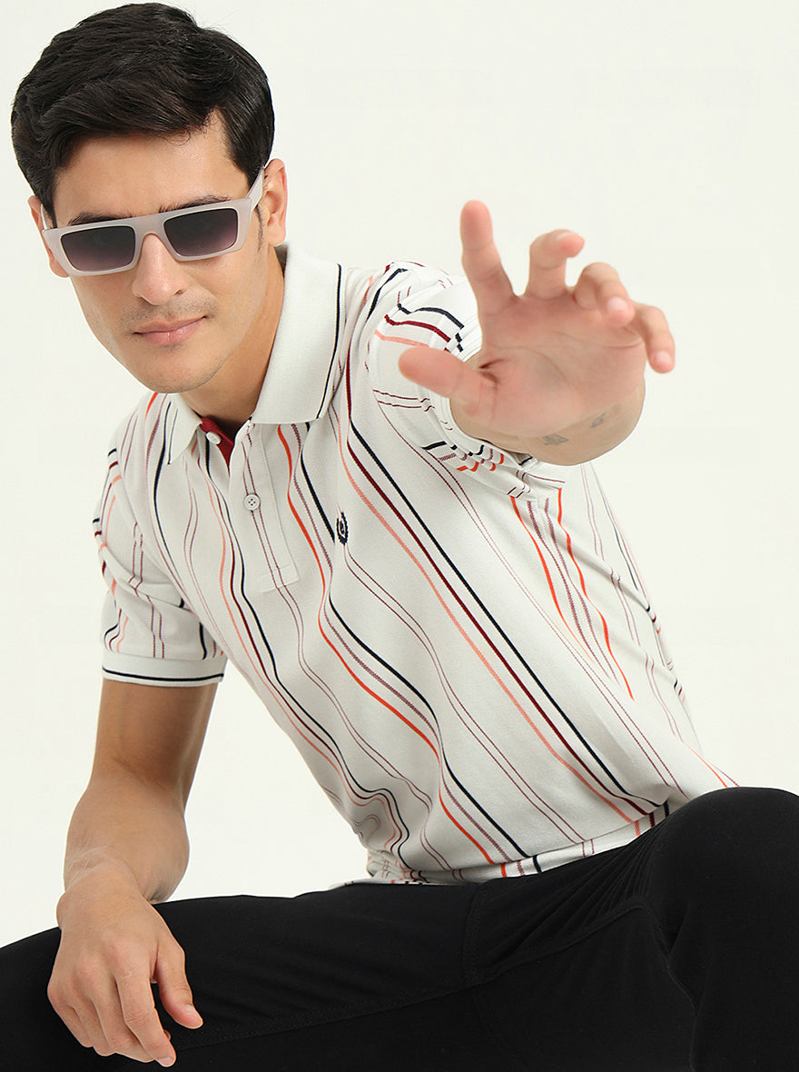 White & Orange Striped Slim Fit Polo T-Shirt | Greenfibre