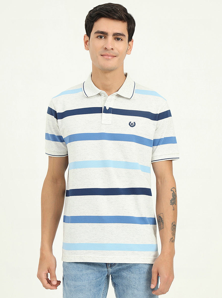 Grey & Blue Striped Slim Fit Polo T-Shirt | Greenfibre