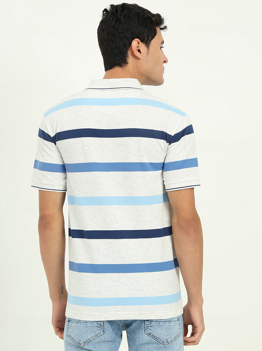 Grey & Blue Striped Slim Fit Polo T-Shirt | Greenfibre
