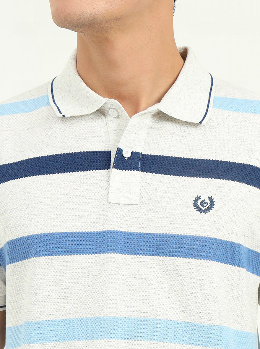Grey & Blue Striped Slim Fit Polo T-Shirt | Greenfibre
