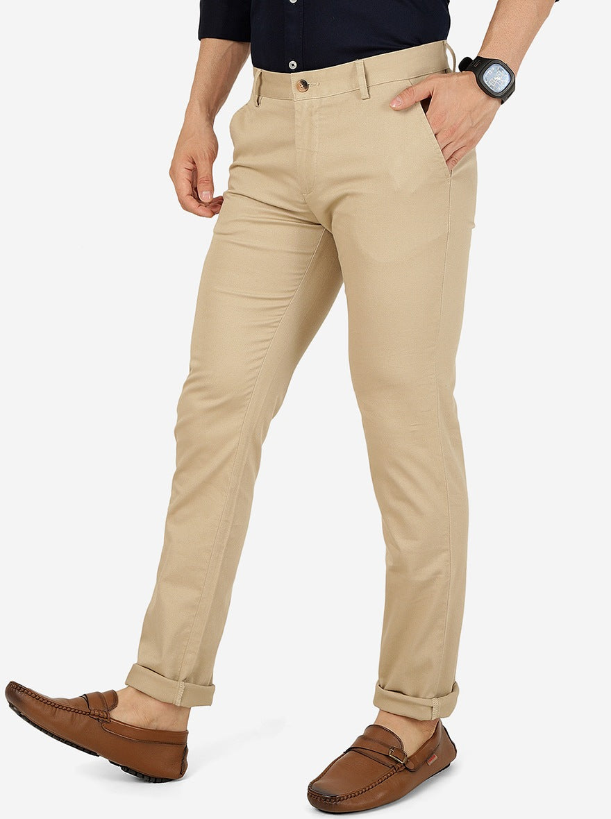 Beige Solid Super Slim Fit Casual Trouser | Greenfibre