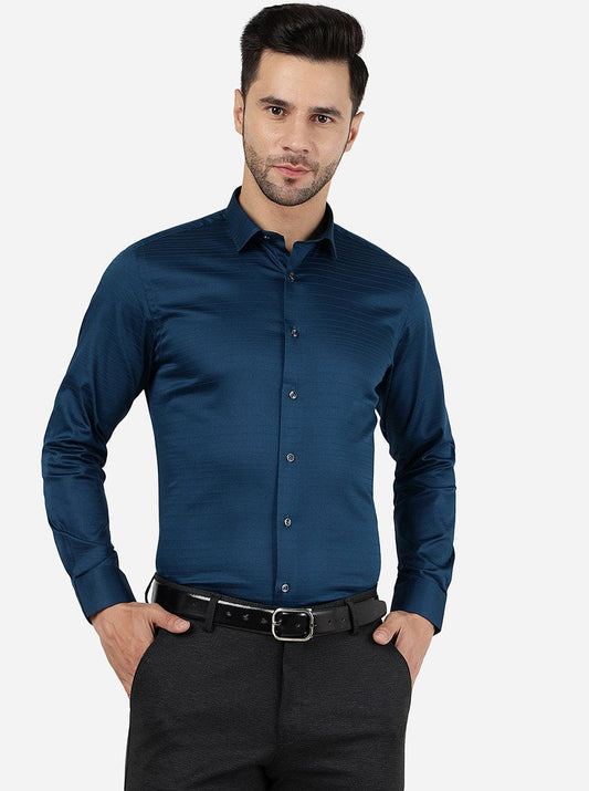 Peacock Blue Striped Slim Fit Party Wear Shirt | Greenfibre