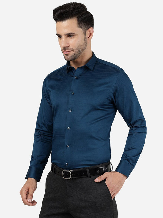 Peacock Blue Striped Slim Fit Party Wear Shirt | Greenfibre