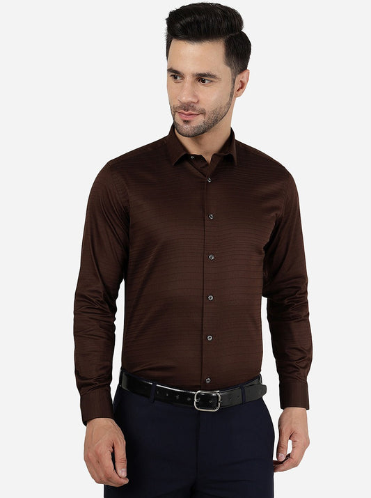 Coffee Brown Striped Slim Fit Party Wear Shirt | Greenfibre