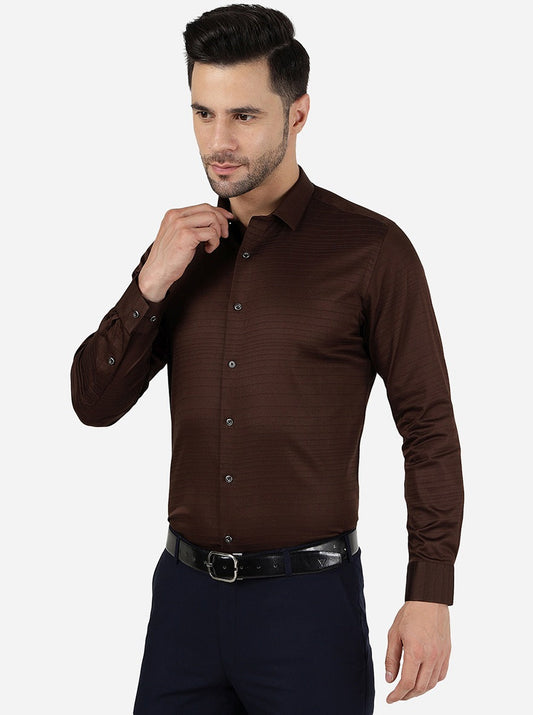 Coffee Brown Striped Slim Fit Party Wear Shirt | Greenfibre