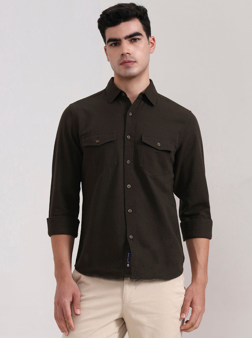 Dark Olive Brown Solid Slim Fit Casual Shirt | Greenfibre