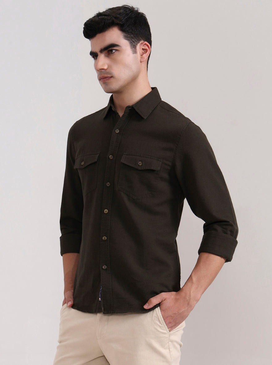 Dark Olive Brown Solid Slim Fit Casual Shirt | Greenfibre
