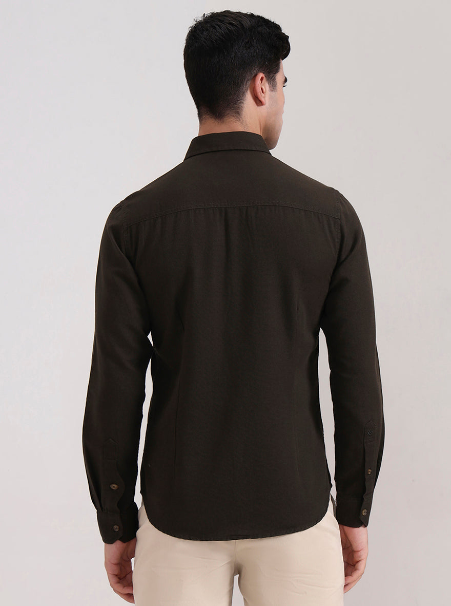 Dark Olive Brown Solid Slim Fit Casual Shirt | Greenfibre