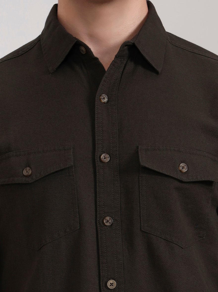 Dark Olive Brown Solid Slim Fit Casual Shirt | Greenfibre