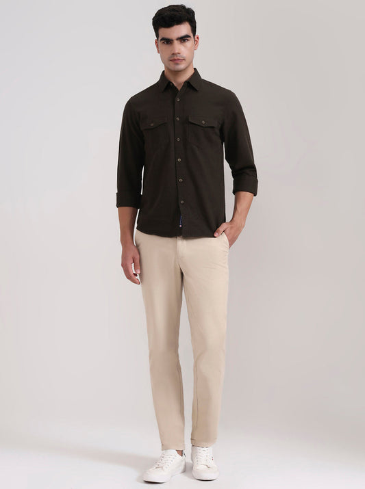 Dark Olive Brown Solid Slim Fit Casual Shirt | Greenfibre