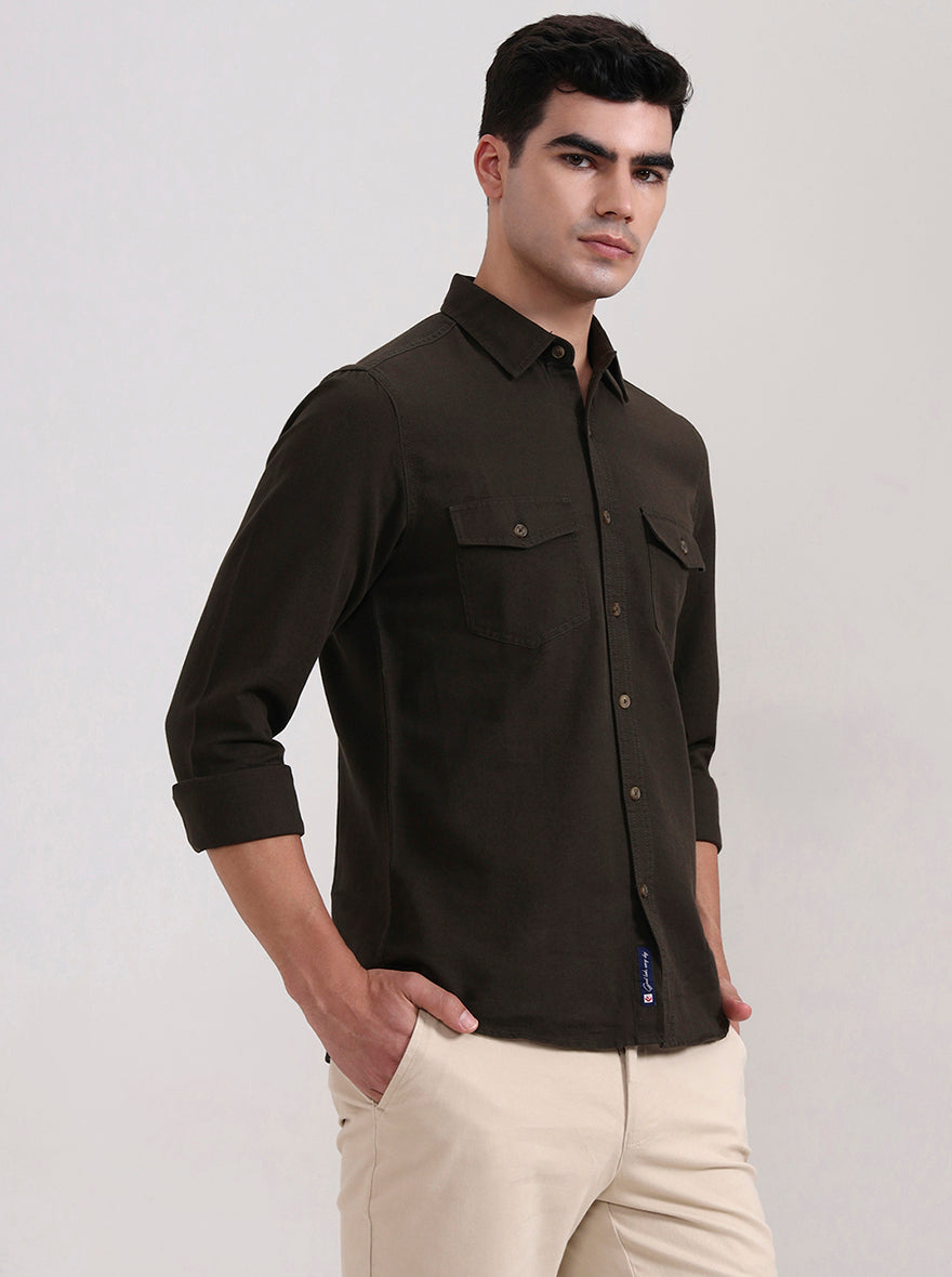 Dark Olive Brown Solid Slim Fit Casual Shirt | Greenfibre
