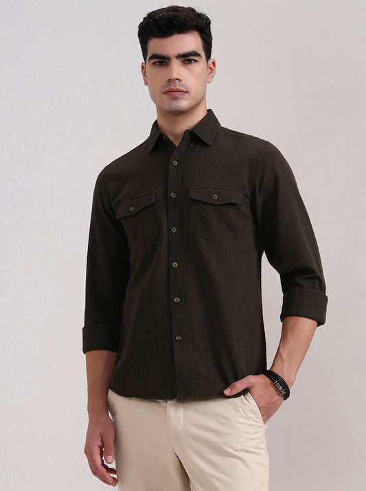 Dark Olive Brown Solid Slim Fit Casual Shirt | Greenfibre