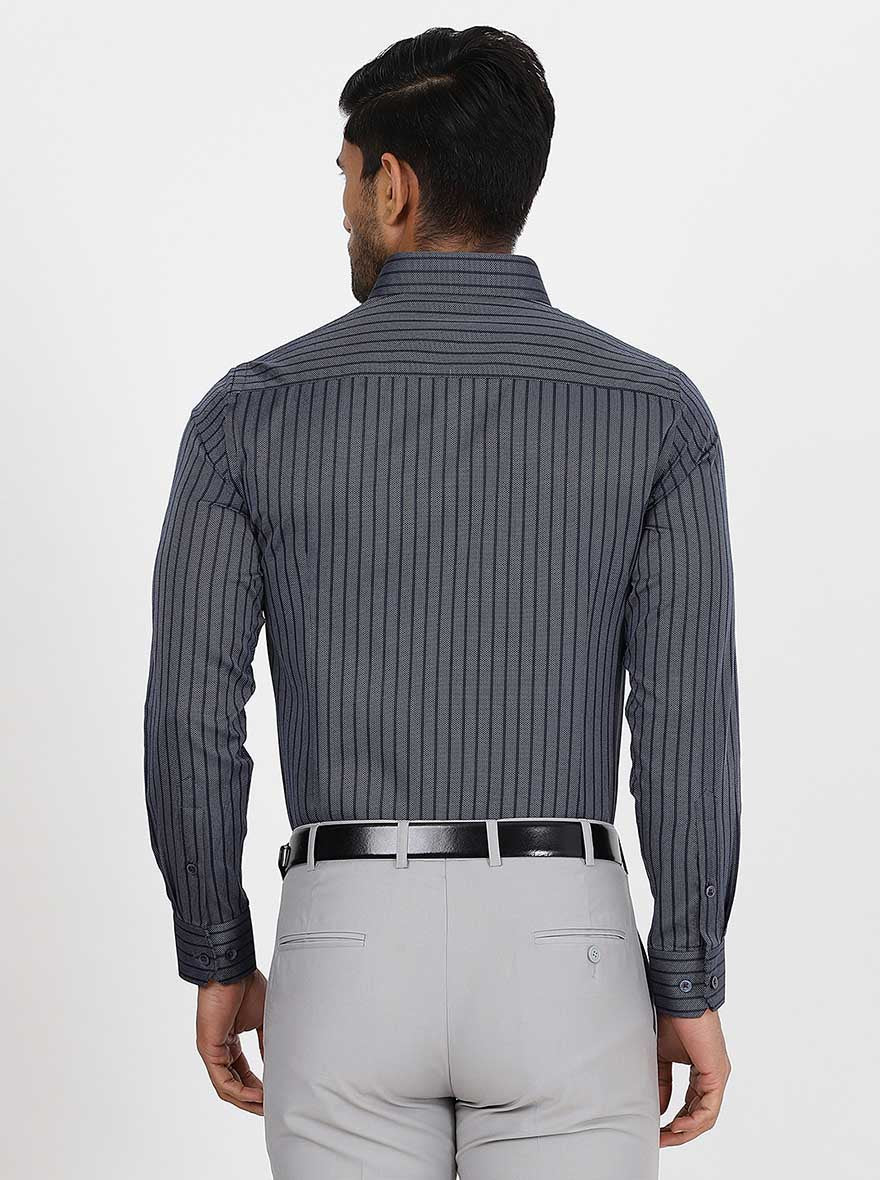 Navy Blue Striped Slim Fit Formal Shirt | Greenfibre