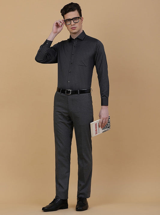 Dark Grey Striped Slim Fit Formal Shirt | Greenfibre