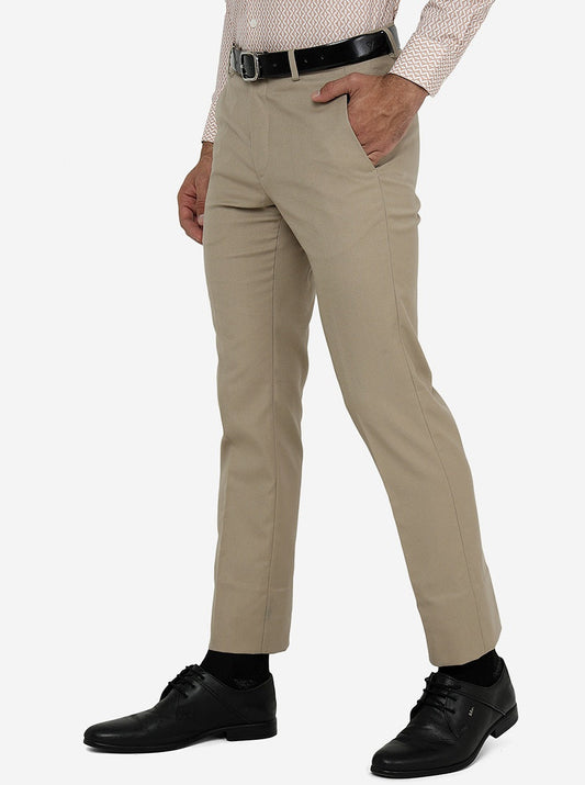 Beige Solid Super Slim Fit Formal Trouser | Greenfibre
