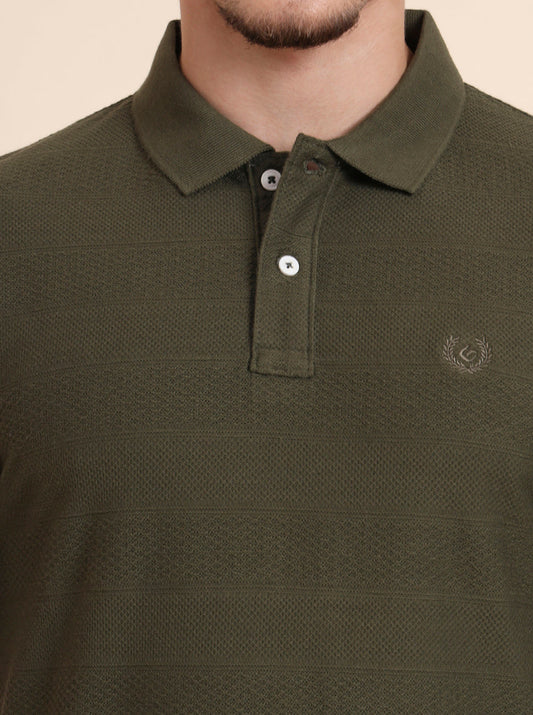 Olive Printed Slim Fit Polo T-Shirt | Greenfibre