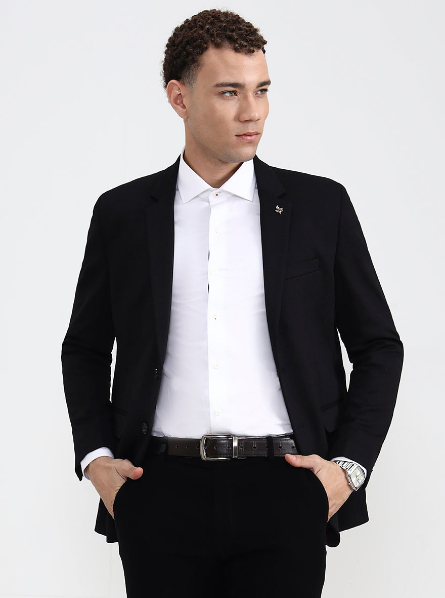 Black Solid Regular Fit Blazer | Greenfibre