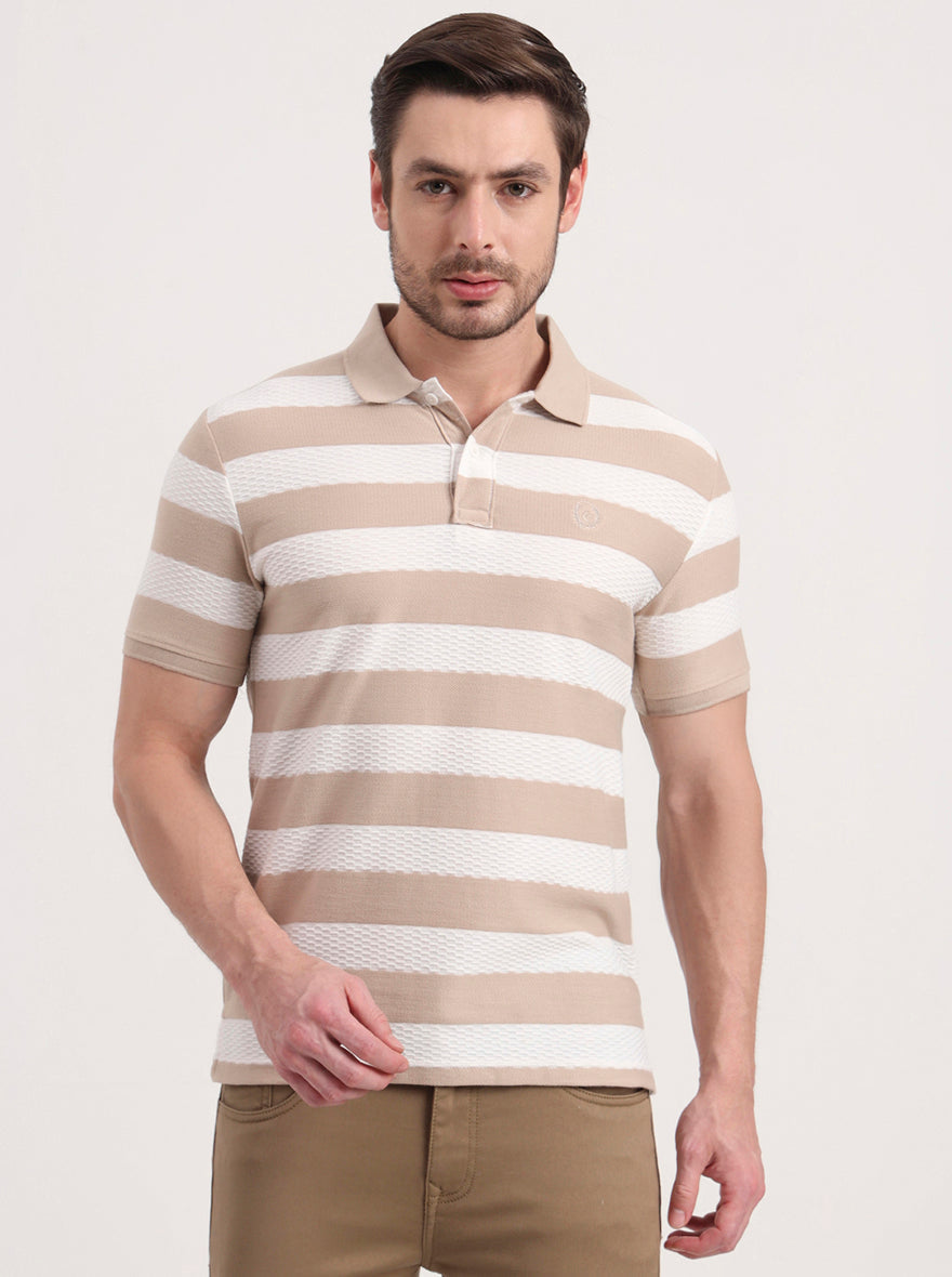 White & Beige Striped Slim Fit Polo T-Shirt | Greenfibre