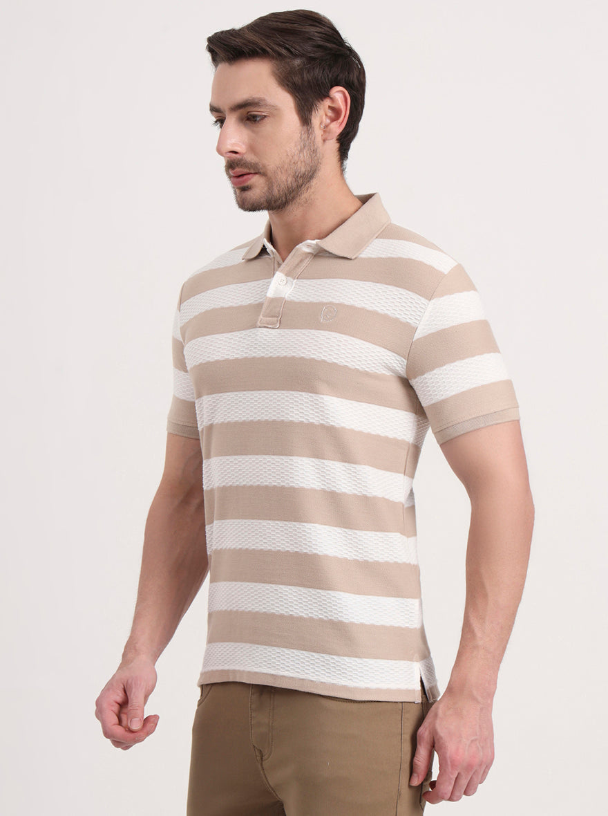 White & Beige Striped Slim Fit Polo T-Shirt | Greenfibre