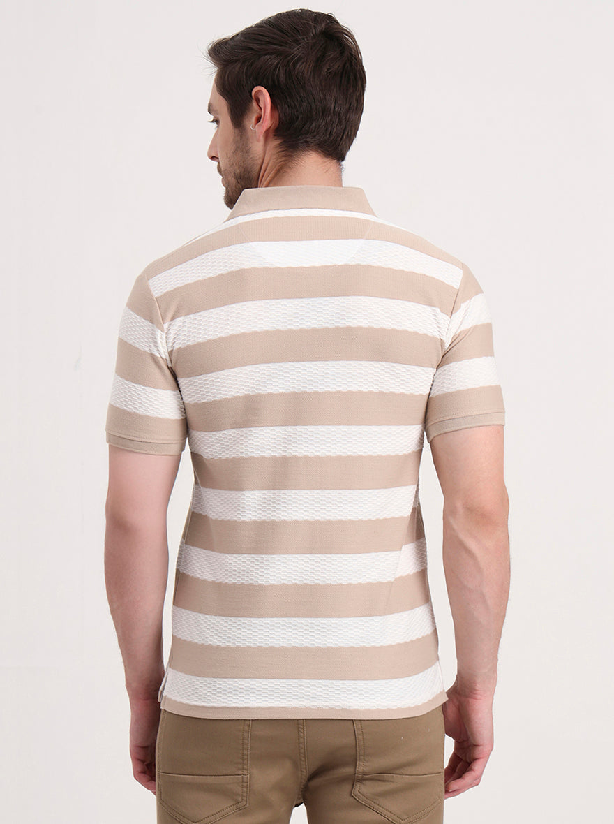 White & Beige Striped Slim Fit Polo T-Shirt | Greenfibre