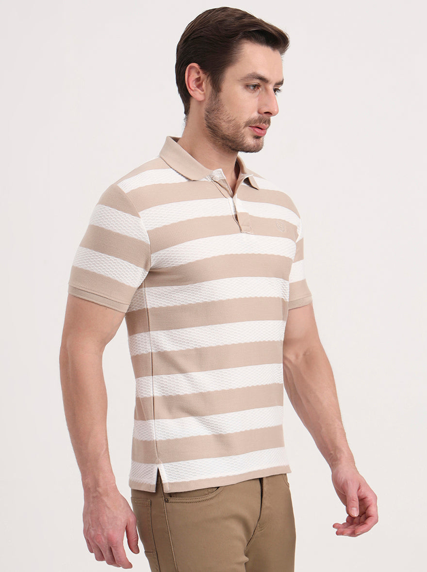 White & Beige Striped Slim Fit Polo T-Shirt | Greenfibre