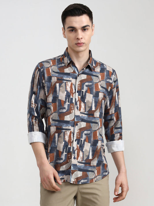 Dark Grey Printed Slim Fit Casual Shirt | Greenfibre
