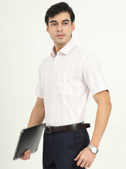 Light Pink Checked Regular Fit Formal Shirt | Greenfibre