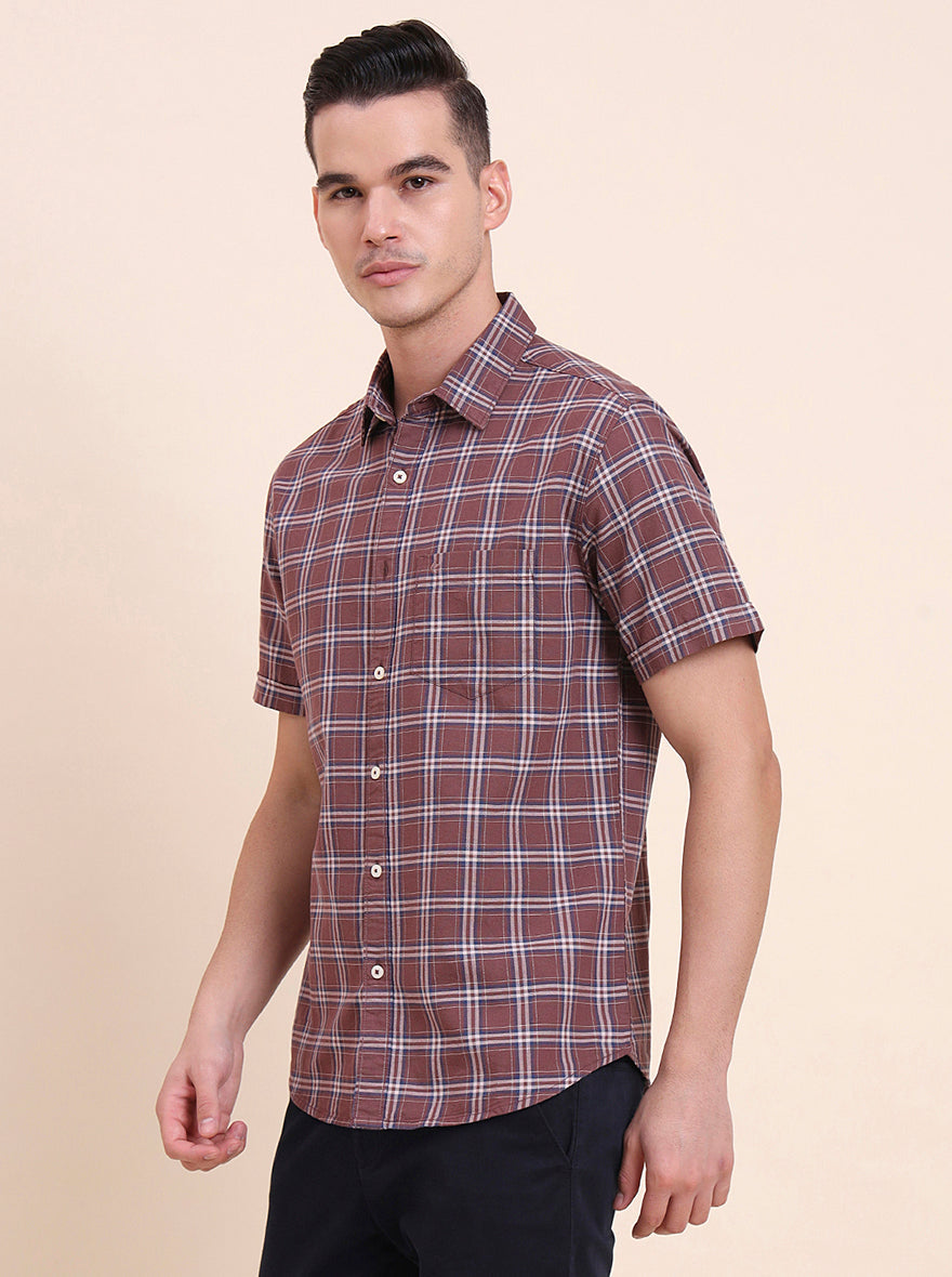 Chocolaty Brown Checked Slim Fit Casual Shirt | Greenfibre