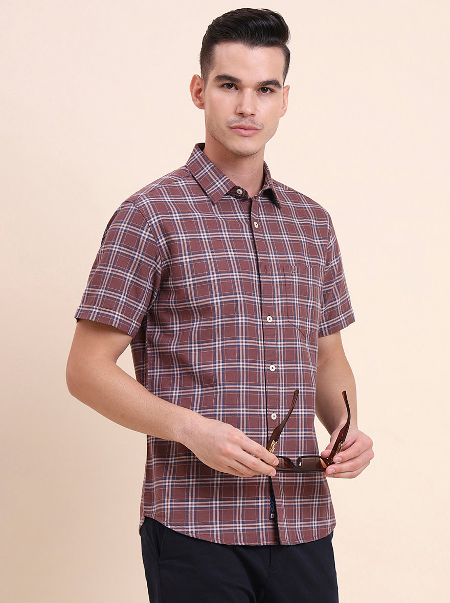 Chocolaty Brown Checked Slim Fit Casual Shirt | Greenfibre