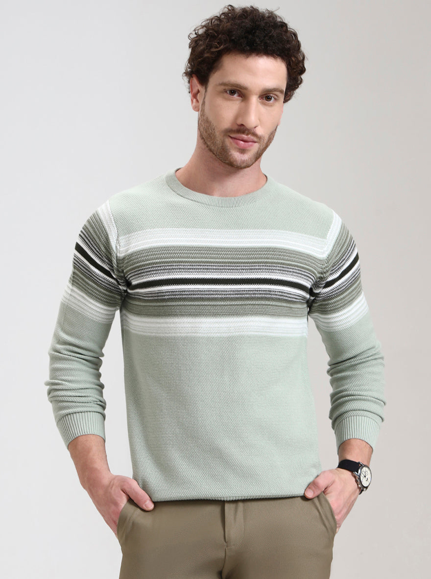 Mint Green Striped Slim Fit T-Shirt | Greenfibre