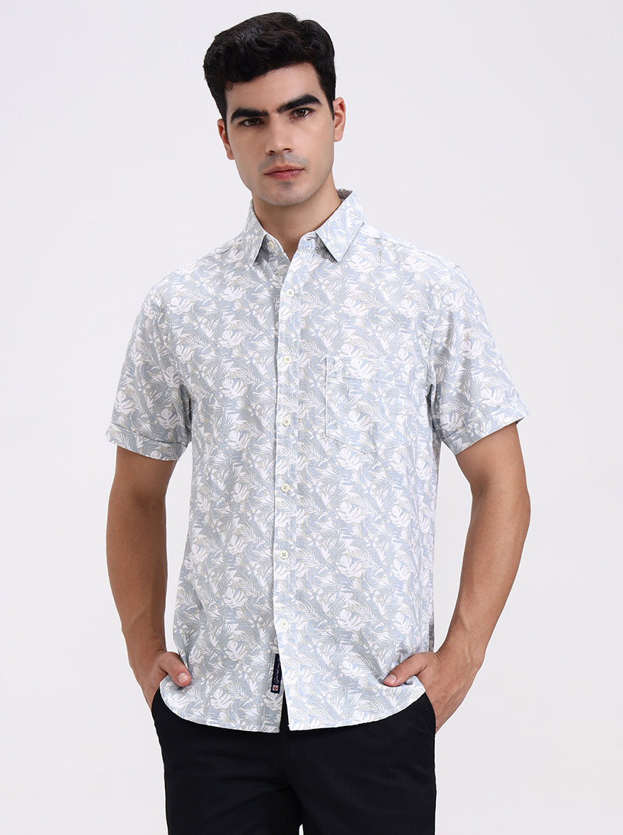 Blue Printed Slim Fit Casual Shirt | Greenfibre