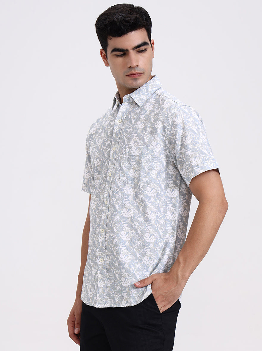 Blue Printed Slim Fit Casual Shirt | Greenfibre