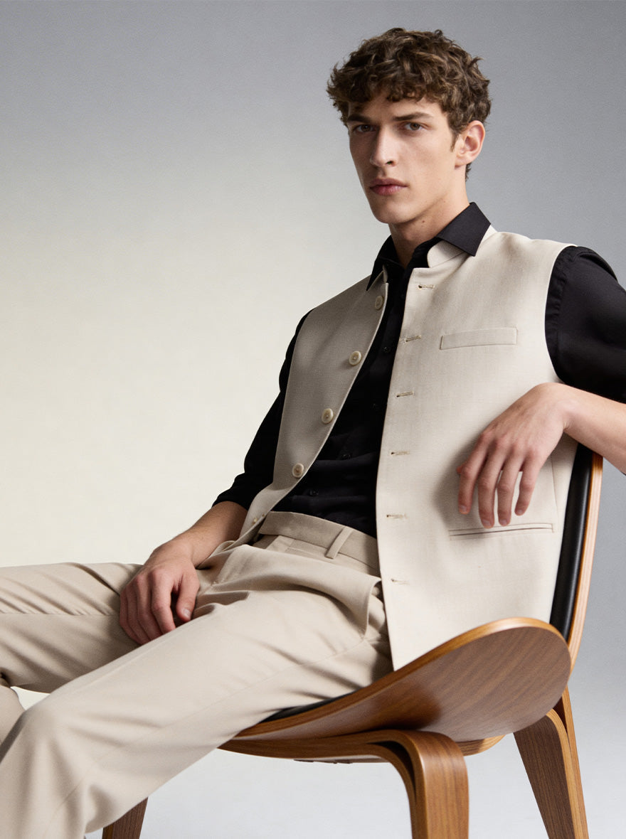 Beige Solid Waistcoat | Greenfibre