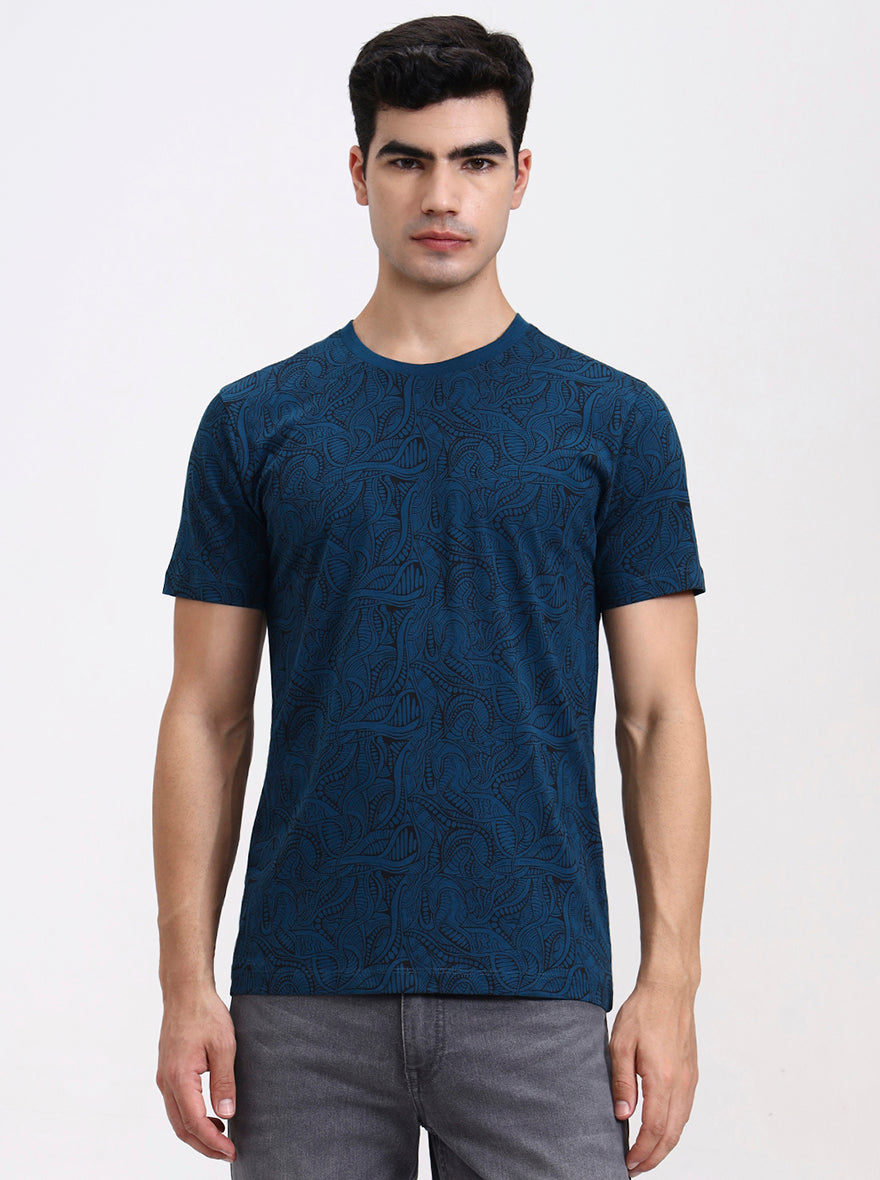 Teal Printed Slim Fit T-Shirt | Greenfibre