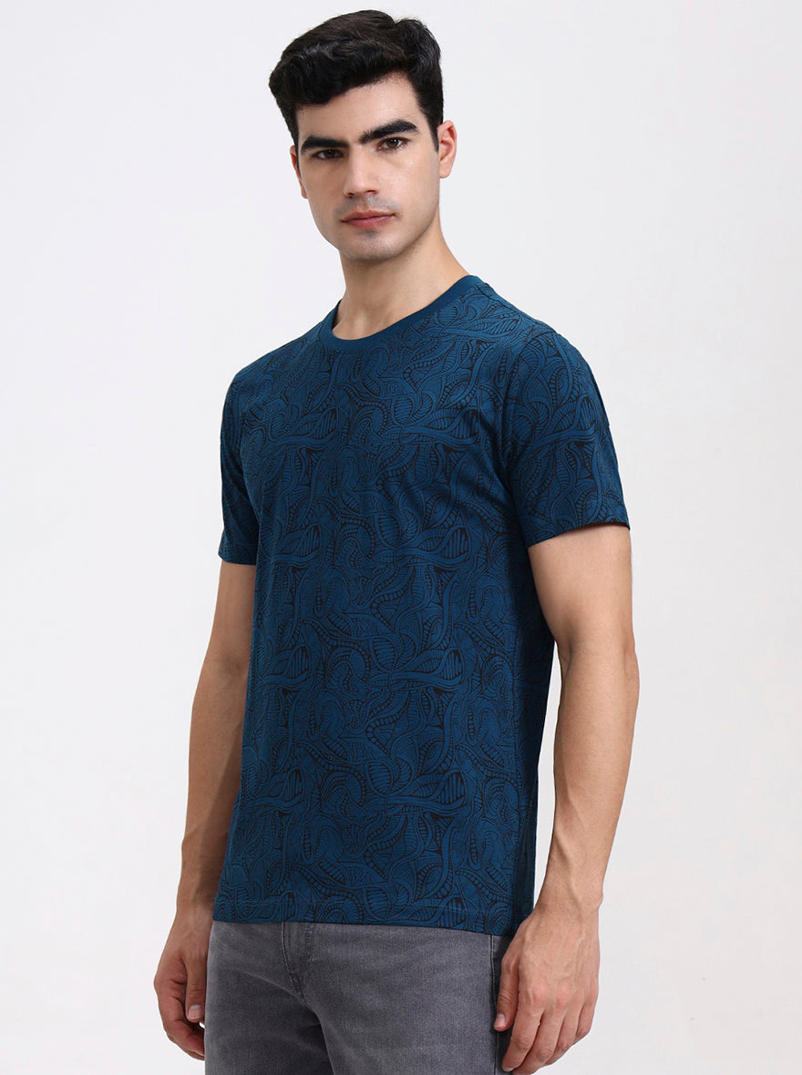 Teal Printed Slim Fit T-Shirt | Greenfibre