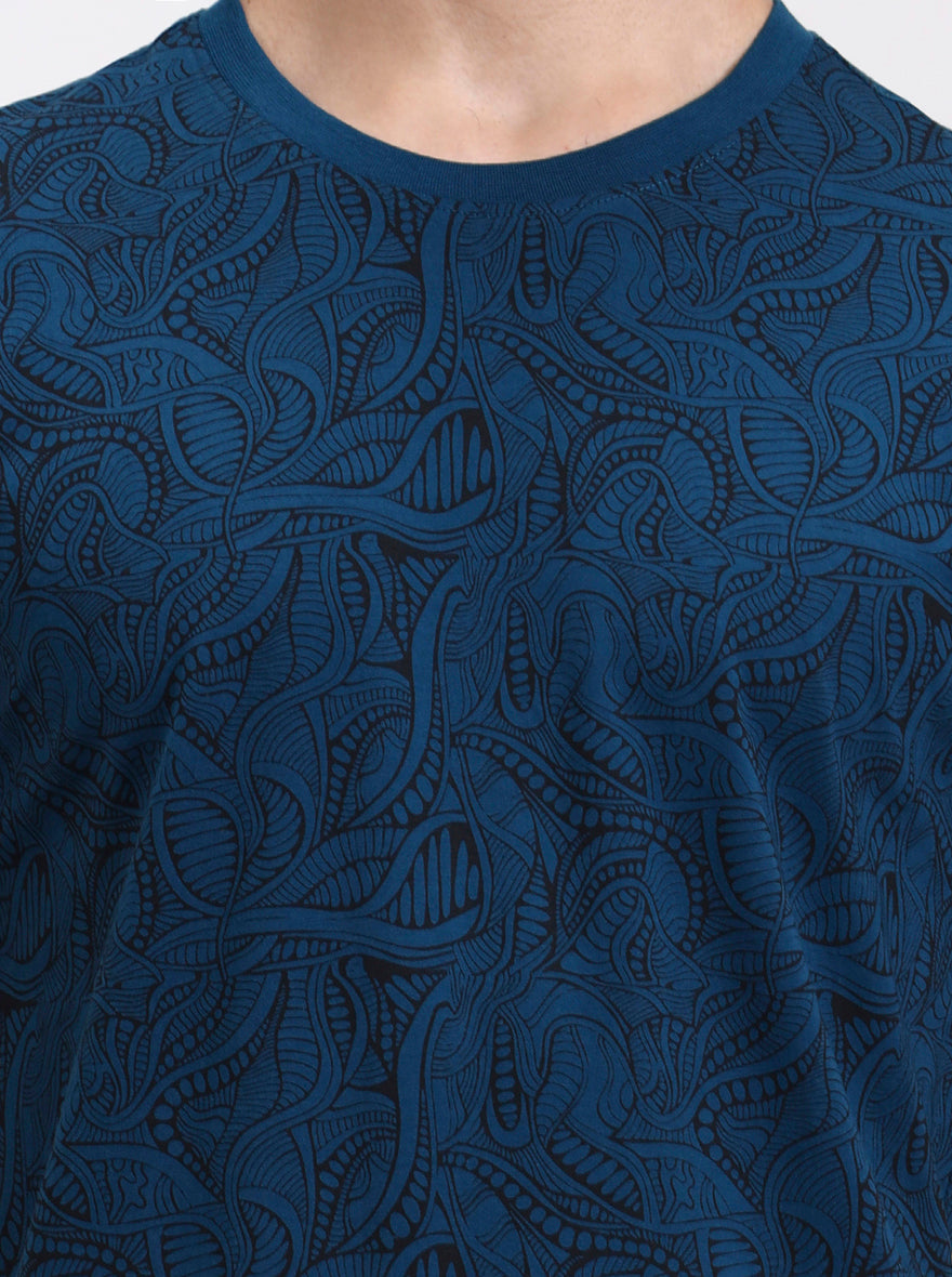 Teal Printed Slim Fit T-Shirt | Greenfibre