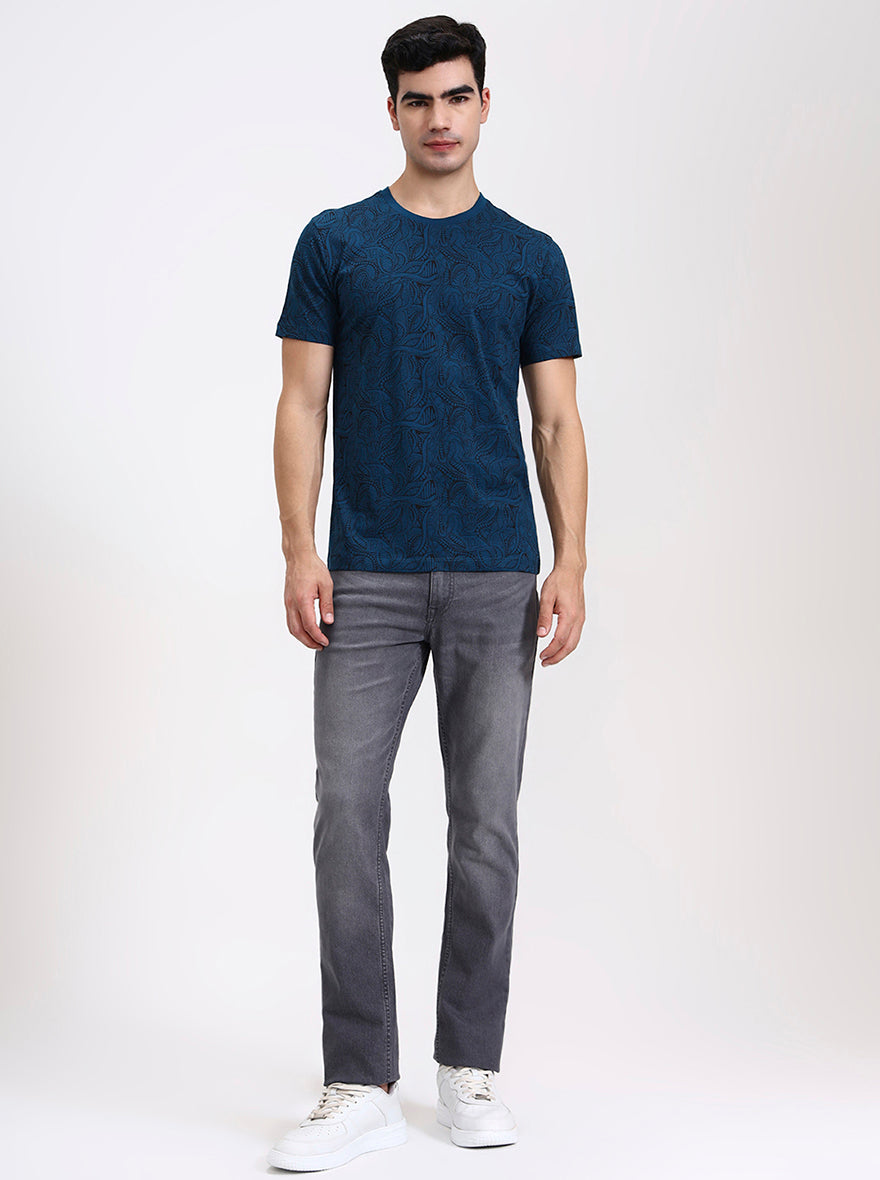 Teal Printed Slim Fit T-Shirt | Greenfibre