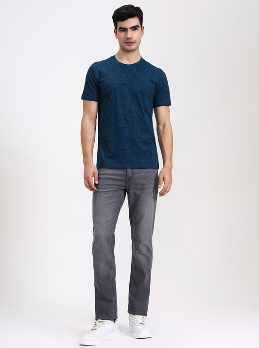 Teal Printed Slim Fit T-Shirt | Greenfibre